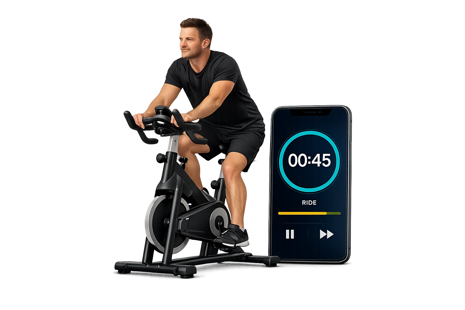A rider using an exercise bike beside a phone displaying the JEBA interval timer